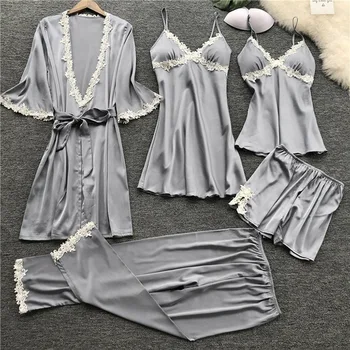 5 Gabalas Pižama Nustatyti Seksualus Nėriniai Moterų Pižama Dirbtiniais Šilko Pataluose Nėrinių Suknelė Vasaros Apdaras Sleepwear Be Krūtinės Pagalvėlės 2021