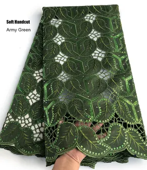 5 metrų Armijos žalioji Minkštas Handcut organza nėrinių Išpjovą holed Afrikos didelis nėrinių audinys su blizgančiais Nigerijos siuvimo dėvėti drabužiai
