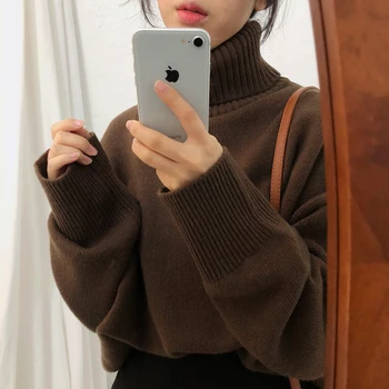 6 spalvų 2018 m. rudens ir žiemos korėjos chic stiliaus vientisa spalva golfo moteriški megztiniai megztiniai ir puloveriai (C9009)
