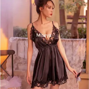 6 Spalvų prancūzų stiliaus Sexy Diržas Satino Nighty Giliai V-kaklo Trumpą Suknelę Nėrinių Apatiniai Moteriški Drabužiai Nightgowns Sleepwear