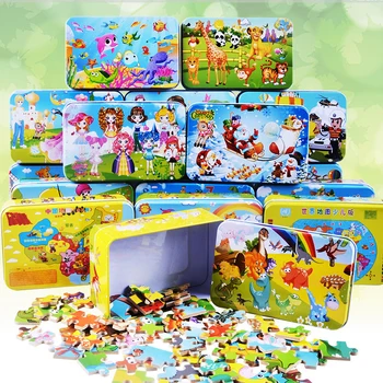 60pcs Medinės Dėlionės, Žaislų, su Geležies Dėžutės Vaikams, Cartoon Gyvūnų Medienos Galvosūkiai Švietimo Žaislai Vaikams 1 2 3 Metus Kalėdų Dovana