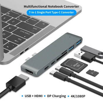 7 in 1 Dual USB-C Tipo-C Nešiojamas Docking Station HDMI 4K TF, SD Card Reader PD USB Hub 3.1 Macbook Pro Oro Priedai