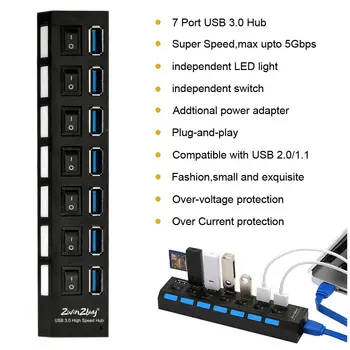 7 Port USB 3.0 HUB Didelės Spartos Splitter Plėtra Adapteris PC Nešiojamas PS4 w/ Switch Naudoti Maitinimo Adapteris kompiuterių priedai pc