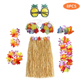 8Pcs/set Plastiko Pluoštas merginos Moters Havajų Sijonas Žolės Kostiumas Gėlių Sijonas Sunglass Hula šokių suknelė Šalis, Havajai Paplūdimio