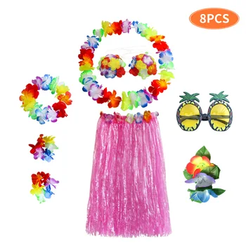 8Pcs/set Plastiko Pluoštas merginos Moters Havajų Sijonas Žolės Kostiumas Gėlių Sijonas Sunglass Hula šokių suknelė Šalis, Havajai Paplūdimio