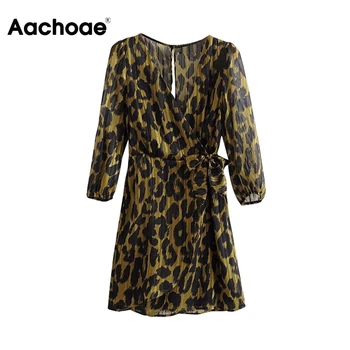 Aachoae Moterų Leopardas Spausdinti Trumpą Suknelę V-kaklo Pavasario Vasaros Šifono Mini Suknelė, Prašmatnus Tuščiaviduriai Iš Sundress Ponios Varčias Suknelės