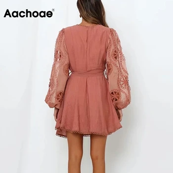 Aachoae Moterų Prašmatnus Siuvinėjimo Kratinys Suknelė V Kaklo Rožinės Spalvos Stilingas Tvarstis Suknelės Žibintų Ilgomis Rankovėmis Mini Suknelė Vestidos