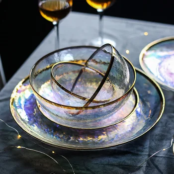 Akinti spalva nudažyti aukso stiklo dubenėlį patiekalas septynių spalvų, skaidrios plaktukas grūdų stiklo plokštė salotų dubenį vaisių dubuo vakarų maisto