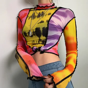 ALLNeon Kaklaraištis Dažų Akių marškinėliai Kratinys Golfo ilgomis Rankovėmis Viršūnes Derliaus Pavasario Marškinėliai Moterims Streetwear Y2K Stiliaus Viršūnes