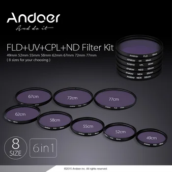 Andoer 52mm UV+CPL+FLD+ND(ND2 ND4 ND8) Fotografijos Filtrą, Rinkinys, Rinkinys, Fluorescencinis Filtras Canon Nikon Sony 