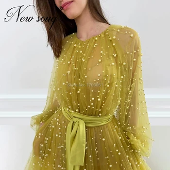 Arabų Couture Perlai Geltonas Vakaro Suknelės 2020 Vestido De Festa Užsakymą Seniai Padalinta Pusėje Prom Chalatai Kaftans Islamo Šalis Suknelė