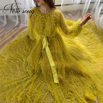 Arabų Couture Perlai Geltonas Vakaro Suknelės 2020 Vestido De Festa Užsakymą Seniai Padalinta Pusėje Prom Chalatai Kaftans Islamo Šalis Suknelė