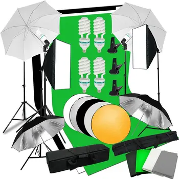 Astudio foto Studijos Apšvietimas Rinkinys 4x135W foto lemputes+Backdrops Softbox skėtis Studio Kit+5 in 1 Atšvaitas Skydelis