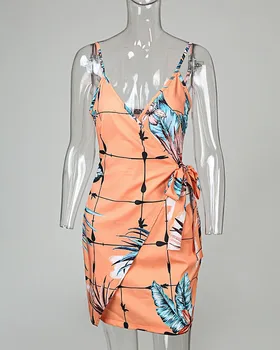 Atogrąžų Spausdinti V-Kaklo Wrap Casual Dress Moterų Berankovis Vasaros Atostogų Mini Suknelė