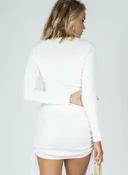 Atsitiktinis mados rudens dress moterų balta elastinga reguliuojamas ilgis ilgomis rankovėmis, o ant kaklo megzti suknelę femme vestidos