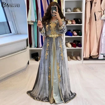 Aukso Nėrinių Abiye Gece Elbisesi Aksomo Pilka Maroko Caftan Vakarinę Suknelę Šalis Visiškai Ilgomis Rankovėmis Dubajus Oficialų Vakare Gown 2020 M.