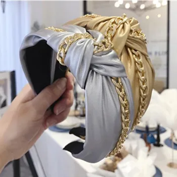 Aukso PU Odos Kaspinai Moterims Priedai Kietas Viršuje Mazgas Hairbands su metalinėmis Grandinėmis Suaugusiųjų galvos Apdangalai, Plaukų Lankelis Lankas