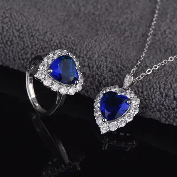 Aukščiausios Kokybės Sidabro 925 Žiedai Moterims, Papuošalai Bright Crystal Blue Širdies Pakabukas Karoliai Mergina Clavicle Priedai Nustatyti Žiedai