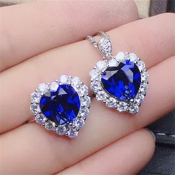 Aukščiausios Kokybės Sidabro 925 Žiedai Moterims, Papuošalai Bright Crystal Blue Širdies Pakabukas Karoliai Mergina Clavicle Priedai Nustatyti Žiedai