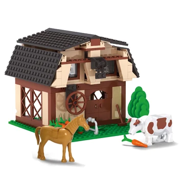 AUSINI Ūkio Kotedžo Statyba Blokai Žaislai Vaikams Ūkininkas Darbuotojas Mini Duomenys Dizaineris Namas Modelis Karvė, Arklys, Šuo Plytų Dovana