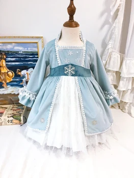 Baby Girl Drabužių Rudens-Žiemos Šviesiai Mėlyna Sniego Princesė Aisha Aksomo Suknelė Ilgomis Rankovėmis Lolita Kamuolys Suknelė Suknelė Kalėdų Atsitiktinis