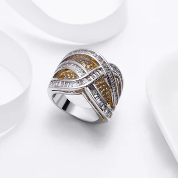 Balta ir Aukso spalvos žiedų nutiesti bright crystal cirkonis kryžminių Linijų projektavimo bijuteria feminina anelli Madinga papuošalai didelis moterų žiedas