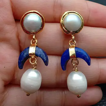 Baltos spalvos gėlavandenių Perlų Gamtos Blue stone Pusmėnulio aukso spalvos, padengtą Stud Auskarai mielas stilius, rankų darbo, moterų papuošalai