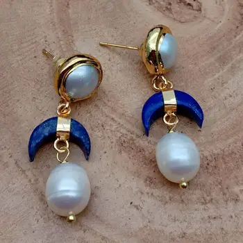 Baltos spalvos gėlavandenių Perlų Gamtos Blue stone Pusmėnulio aukso spalvos, padengtą Stud Auskarai mielas stilius, rankų darbo, moterų papuošalai