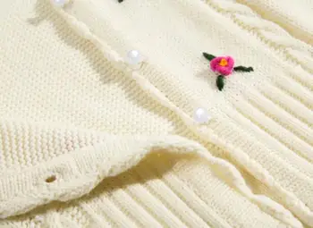 Baltos Spalvos Siuvinėjimo Cardigan Megztinis Moterims Mygtuką Iki V-Kaklo, Ilgomis Rankovėmis Gėlių Trumpas Megztinis Aukštu Juosmeniu Megztas Megztinis