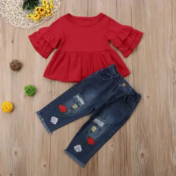 Bamblys Vaikas Baby Girl Ruffles Rankovėmis T-shirt Viršūnes+Blyksnius Džinsinio Džinsus, Kelnes Skylę Komplektai Rinkinys Drabužiai