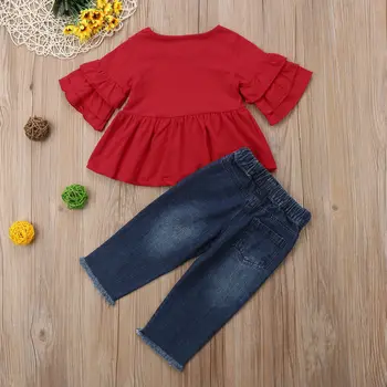 Bamblys Vaikas Baby Girl Ruffles Rankovėmis T-shirt Viršūnes+Blyksnius Džinsinio Džinsus, Kelnes Skylę Komplektai Rinkinys Drabužiai