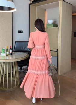 Banulin Rudenį Moterys Ilga Suknelė 2020 kilimo ir tūpimo Tako Raukiniai O-Kaklo, ilgomis Rankovėmis Nėrinių Kratinys Šifono Suknelė Lady Atostogų Bohemijos suknelė