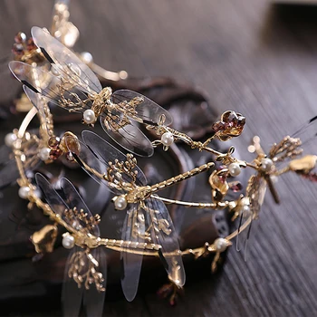 Baroko crown Trijų sluoksnių Dragonfly nuotakos diadema plaukų aksesuarai naujų vestuvių karūna grožio karūnos ir rožančiai nuotakos lankelis