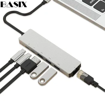 Basix C Tipo Stebulės HDMI-USB C Hub su Gigabit Ethernet Rj45 Lan Adapteris, skirtas Macbook Nešiojamas Aksesuaras USB-Ethernet C