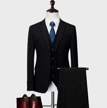 Batmo 2018 naują atvykimo aukštos kokybės dryžuotas atsitiktinis tinka vyrams ,vyriški laisvalaikio dryžuota juoda kostiumai ,striukė+kelnės+liemenė 999