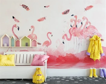 Beibehang Sienų tapetai Šiuolaikinės ranka pieštas Pink flamingo plunksnų tapetai, TV, sofa, Vaikų kambario foną sienos 3d tapetai