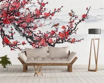 Beibehang wallpaperCustomized slyvų žiedų ranka-dažytos Kinijos rašalo kraštovaizdžio gėlės ir paukščiai fone tapybos 3d tapetai