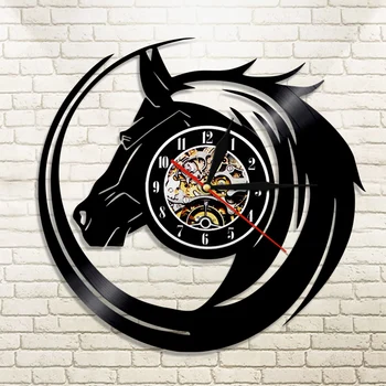 Black Horse Sieninis laikrodis, Pagamintas Iš Vinilo Įrašus Modernaus Dizaino Sieninis Namų Dekoro Derliaus Dovanų Idėjos Laukinių Gyvūnų Arklių Mylėtojas