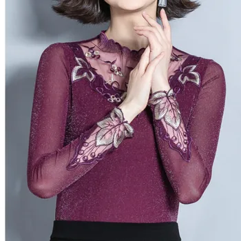 Blusas mujer de moda moterų 2019 m. rudens/žiemos naujas ilgomis rankovėmis apdailos nėrinių aplikacija akių trumpas viršų plonas moterų marškiniai 7756 50