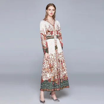 Bohemijos Ilga Suknelė 2020 Metų Vasaros Stiliaus Moteris Elegantiškas Gėlių Spausdinti Polka Dot Modelius Pusė Rankovės Atsitiktinis Paplūdimio Maxi Suknelė, Diržas,