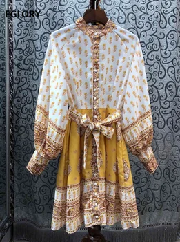 Bohemijos Suknelė 2020 M. Pavasario Vasaros Stilius Moterys Derliaus Nacionalinės Stilius Spausdinti Diržo Mygtukai Kratinys Visą Rankovės Ilgi Marškinėliai-Suknelė