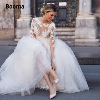 Booma Tiulio Vestuvių Suknelės Boho 2019 Iliuzija Long Sleeve Lace Nuotakos Suknelė Elegantiškas Paplūdimio Vestuvių Suknelė Bohemijos Plius Dydis