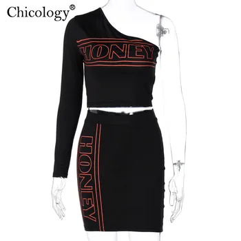 Chicology 2020 m. 2 dviejų dalių atitikimo nustatyti vieną petį pasėlių viršuje, sijonas seksualių moterų žiemos klubas komplektus mados rudenį punk streetwear