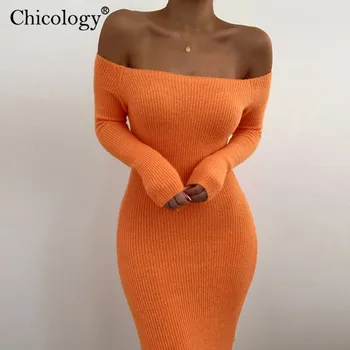 Chicology off peties knite neon maxi suknelė moterims briaunoti ilgomis rankovėmis elegantiškas 2019 m. rudenį, žiemą seksualus šalies klubas drabužius atsitiktinis
