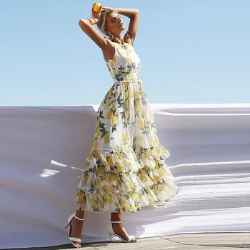 Citrinų Spausdinti Maxi Suknelė Moterims Vasaros 2020 Berankovis O Kaklo Domino Pynimas Derliaus Vestidos Paplūdimio Laisvalaikio Drabužiai Boho Ilga Suknelė