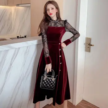 COIGARSAM prancūzų Stilių Kratinys Moterų one-piece suknelė korėjos Naujas Nėrinių Suknelės Vyno Raudona Juoda 666