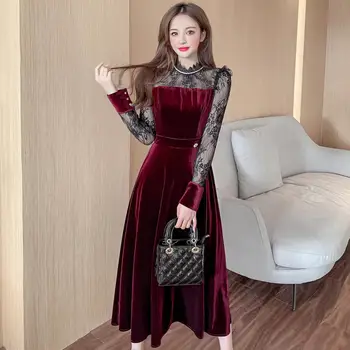 COIGARSAM prancūzų Stilių Kratinys Moterų one-piece suknelė korėjos Naujas Nėrinių Suknelės Vyno Raudona Juoda 666