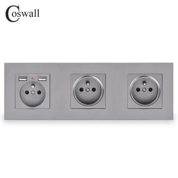 COSWALL Triple prancūzijos Standartas Sieninis Lizdas Su 2 USB Įkrovimo Uosto Paslėptas Minkštas LED Indikatorius E20 Serijos KOMPIUTERIO Skydelis Juoda Balta Pilka