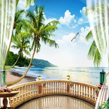Custom 3D Plakatas Foto Tapetai, Užuolaidos Balkonas Pajūrio Palmių Paplūdimys Kraštovaizdžio Sienos Freskos Kambarį Valgomasis Apdaila