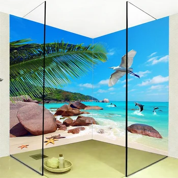 Custom Sienų Tapetai, 3D Beach Kokoso Delfinų Vonios kambarys, Dekoratyvinės Sienų Lipduko PVC, atsparus Vandeniui Vinilo tapetų Papel De Parede